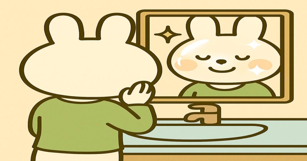 洗面所の鏡を見つめる白衣姿のみどりん（薬剤師うさぎ）。鏡に映る顔はたまご肌のようにツヤツヤと光沢があり、満足そうに微笑んでいる。